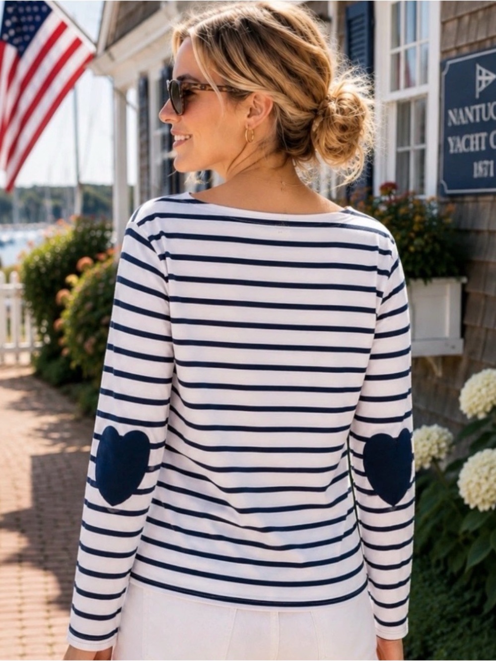 J.Crew NWT Boatneck Heart Elbow Patch Breton Navy White Coastal Top Small